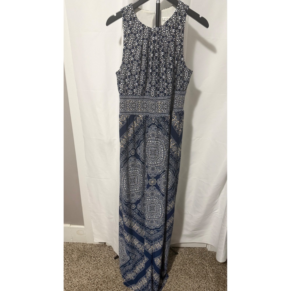 London Times Navy Blue Geometric Medallion Print Sleeveless Maxi Dress Size 8